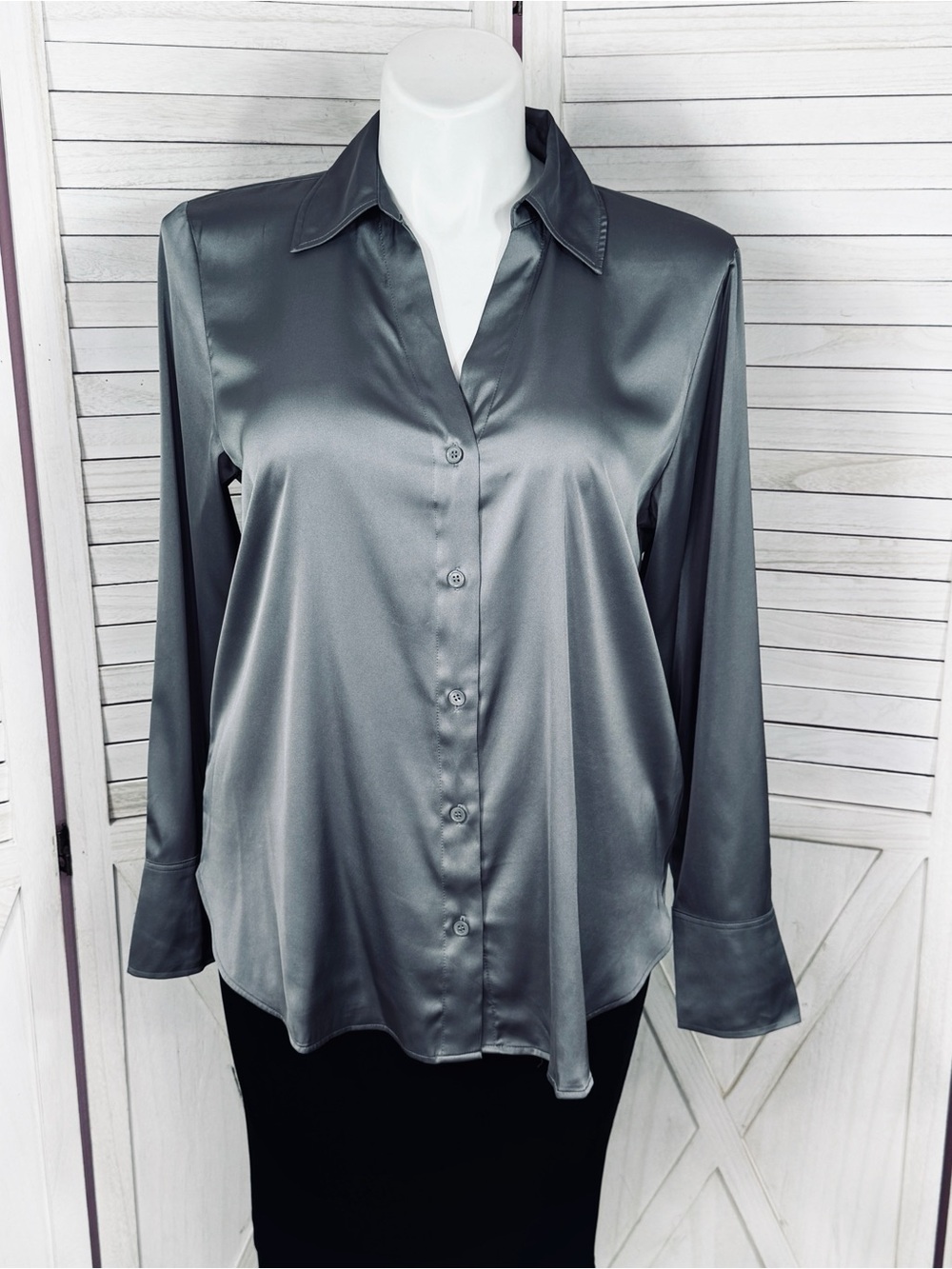 H&M Satin V Neck Button Up Shirt Blouse Dark Grey Large